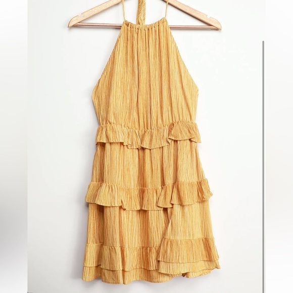 LULUS Dress Downright Darling Mustard Yellow Ruffled Striped Mini Sz L New - Picture 4 of 8